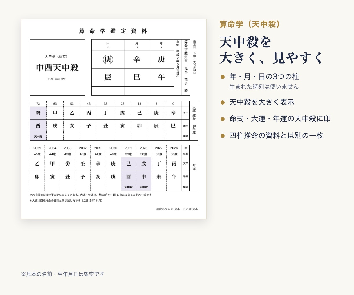 算命学：年・月・日の3つの柱で天中殺を大きく表示